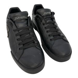 Dolce & Gabbana Black Leather Portofino Crown Patch Sneakers US 7 Eu 40